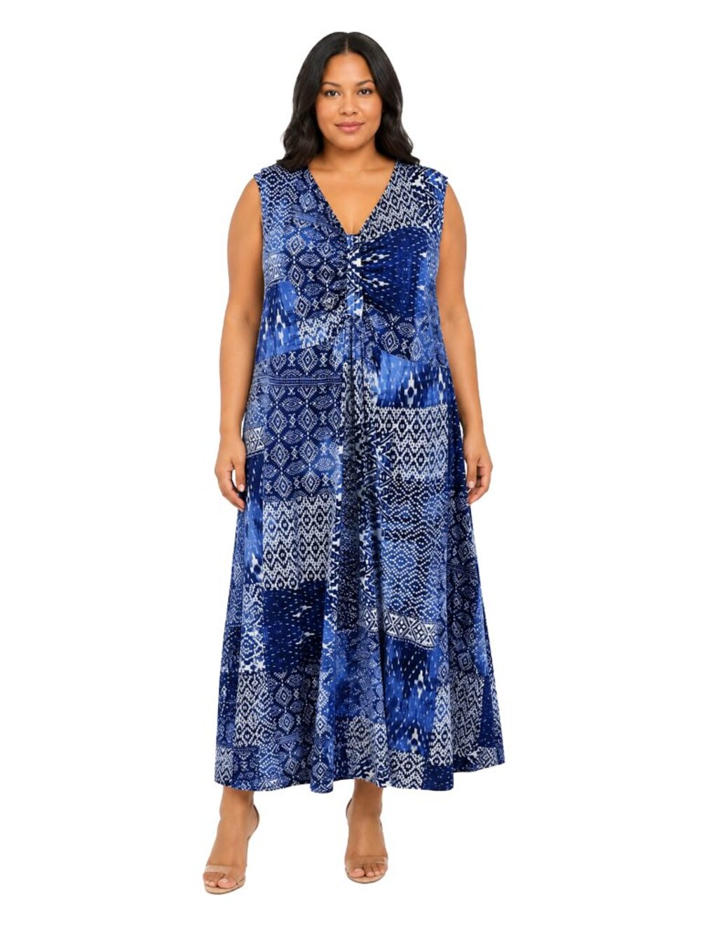 Catherines Women's Plus Size 3X Blue & White Geometric Print Maxi Dress.